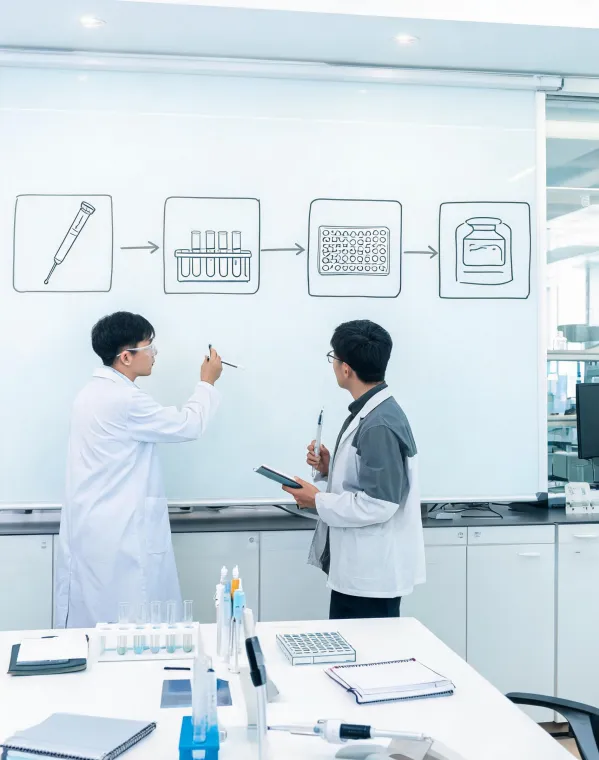 R&D whiteboard for assay workflow