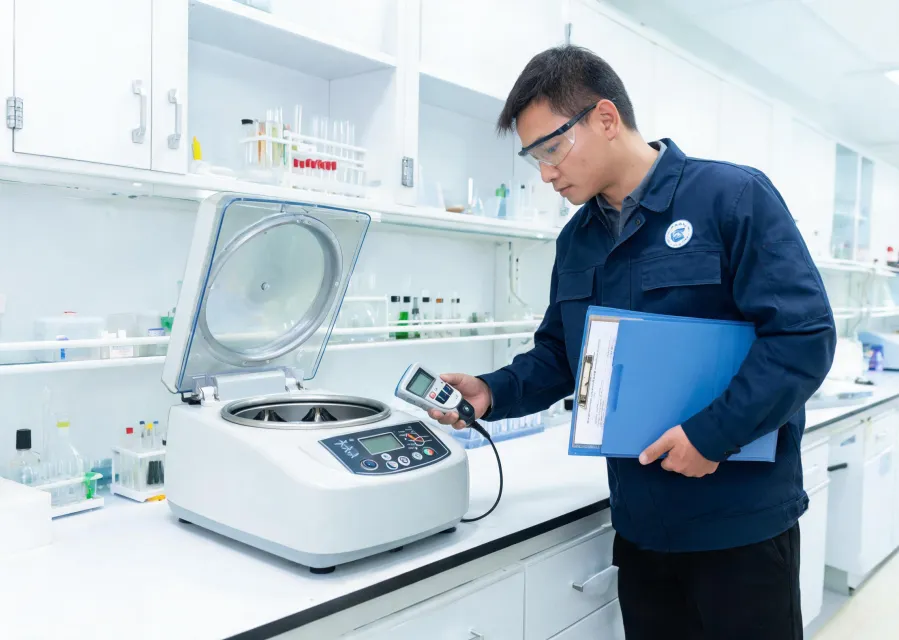 Field service engineer calibrating laboratory centrifuge
